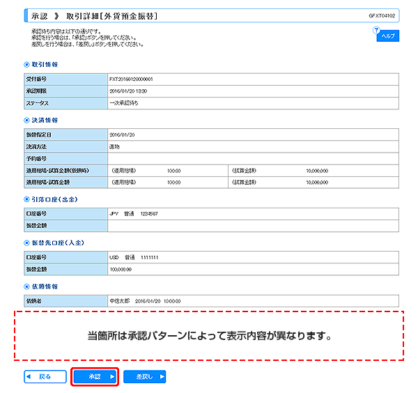 [GFXT04102]承認 取引詳細（外貨預金振替）画面