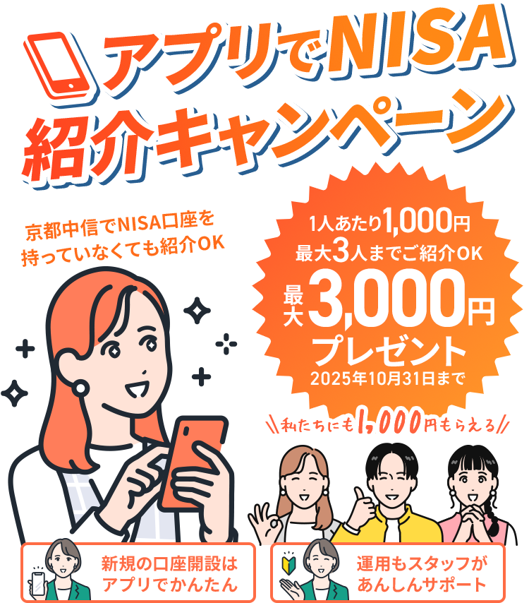 アプリでNISA紹介キャンペーン！京都中信でNISA口座を持っていなくても紹介OK！1人あたり1,000円、最大3人までご紹介OK、最大3,000円プレゼント！2025年10月31日まで